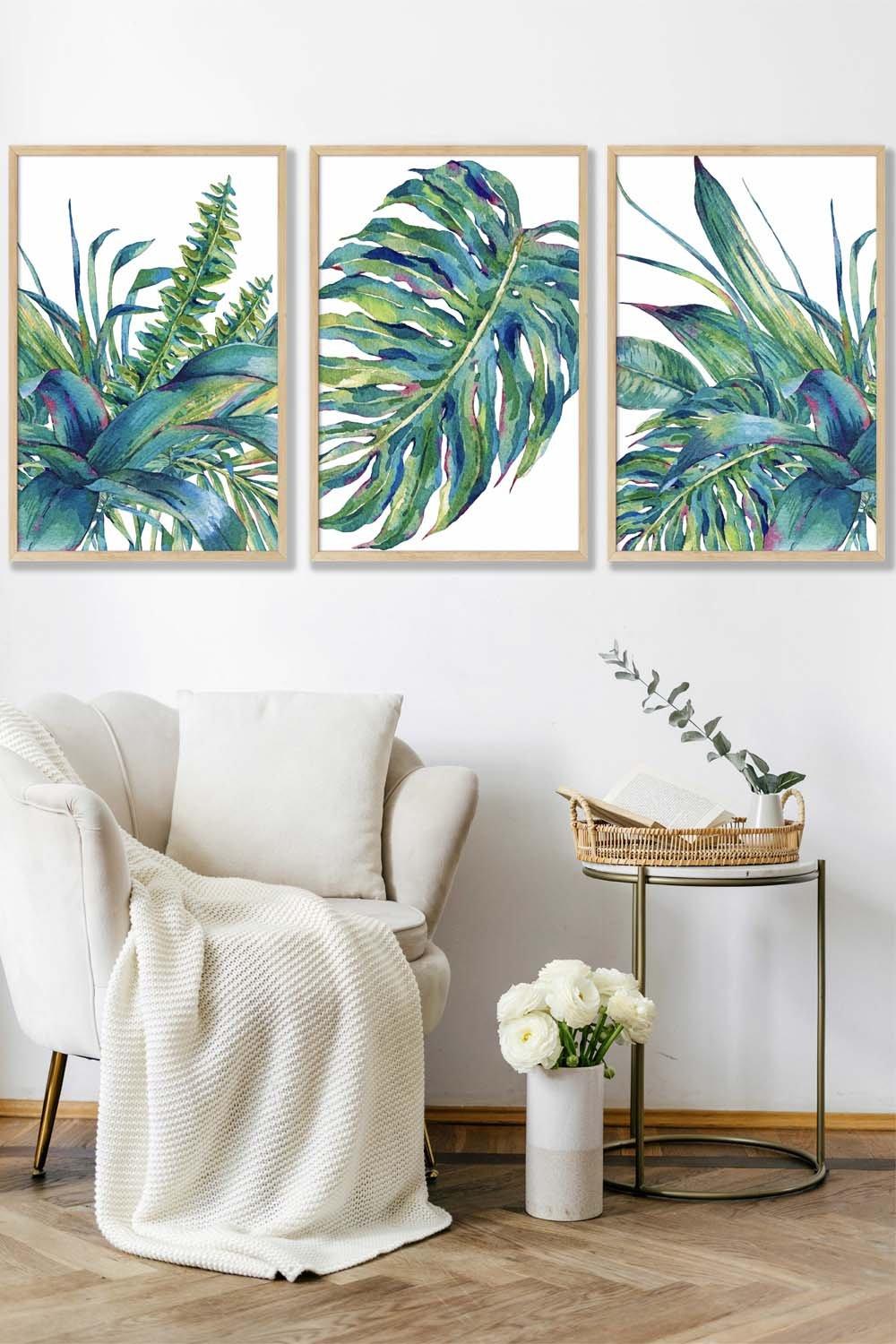 Framed Blue Green Watercolour Tropical Leaves Framed Wall Art - Large
